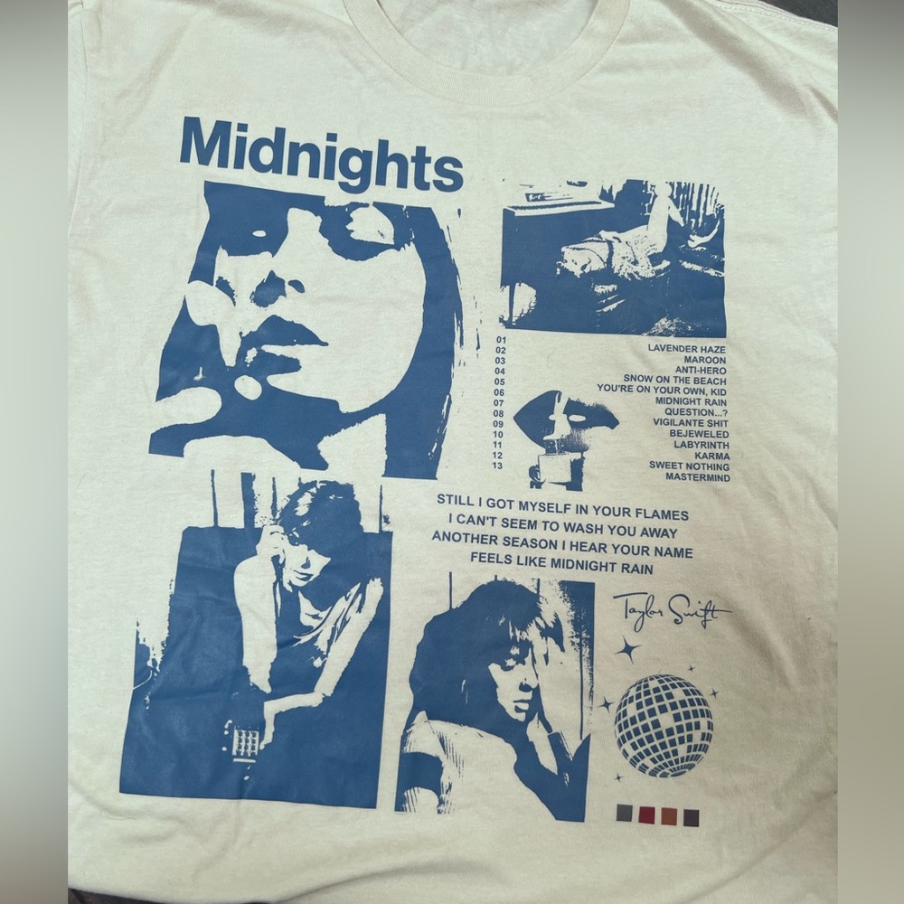 Taylor Swift-  Midnight Graphic Tee - Blue and Ivory. Size small